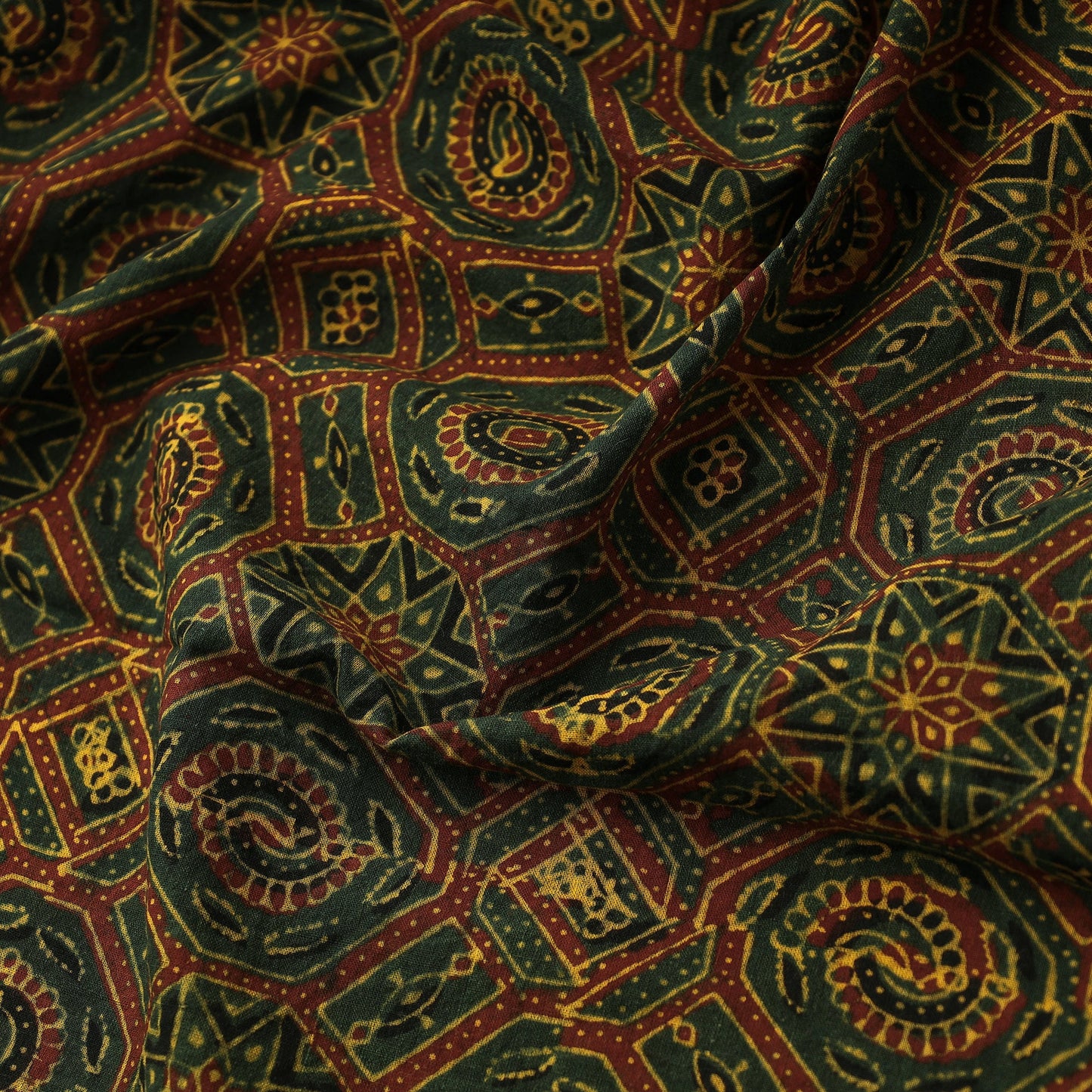 Green Geometric Octagon Pattern Ajrakh Block Printed Cotton Fabric