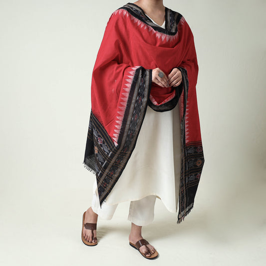 Red - Sambalpuri Ikat Weave Handloom Plain Cotton Dupatta