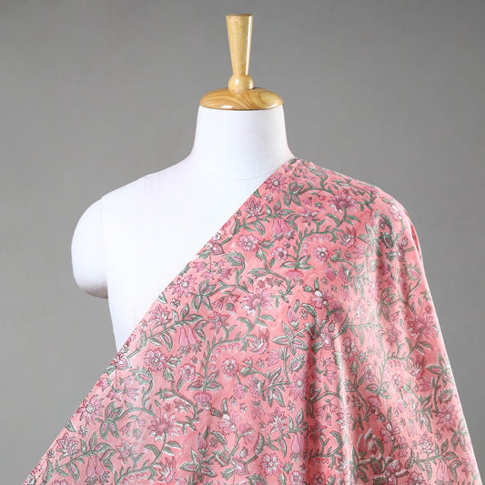 Pink - Sanganeri Block Printed Mul Cotton Fabric