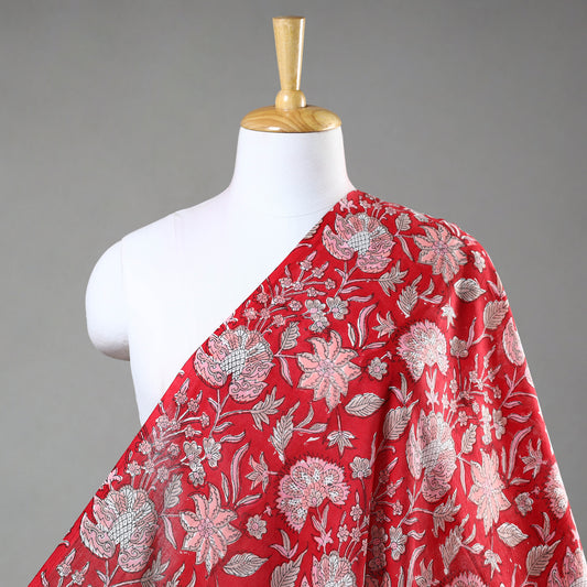 Red - Sanganeri Block Printed Mul Cotton Fabric