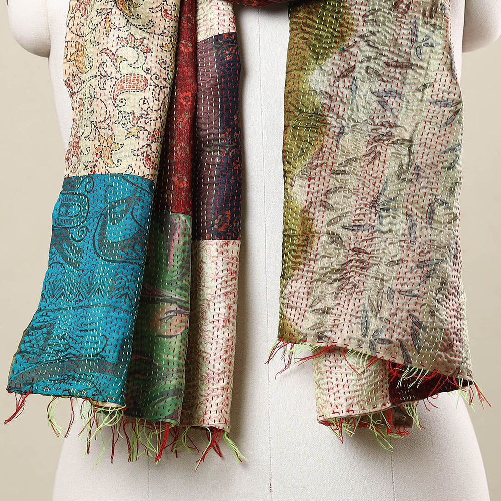 Multicolor - Bengal Kantha Embroidery Patchwork Reversible Silk Cotton Stole