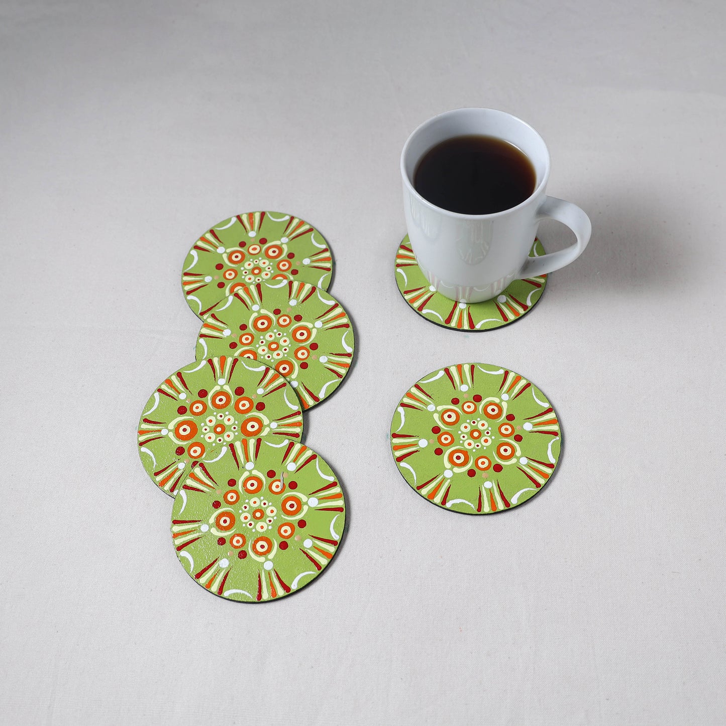Green - Mandala Art Handpainted Wooden Coasters (Set of 6) 02