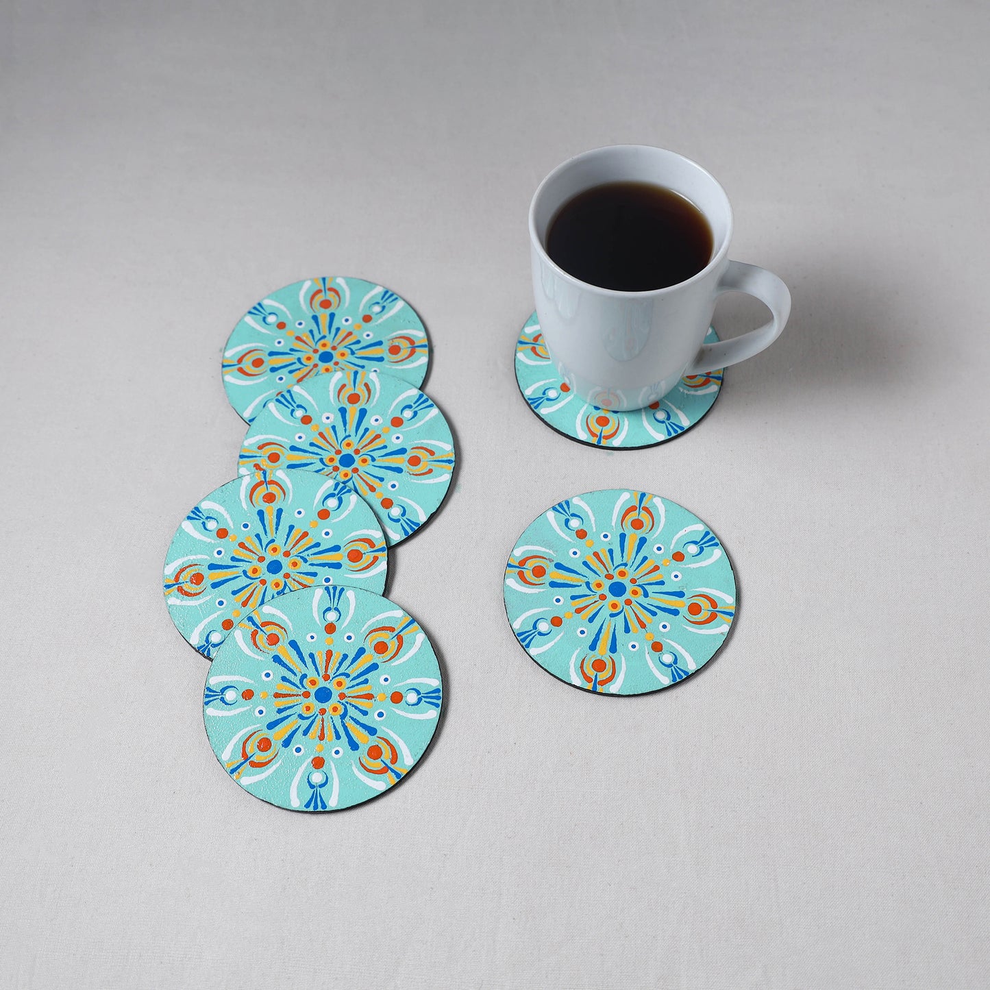 Blue - Mandala Art Handpainted Wooden Coasters (Set of 6) 03