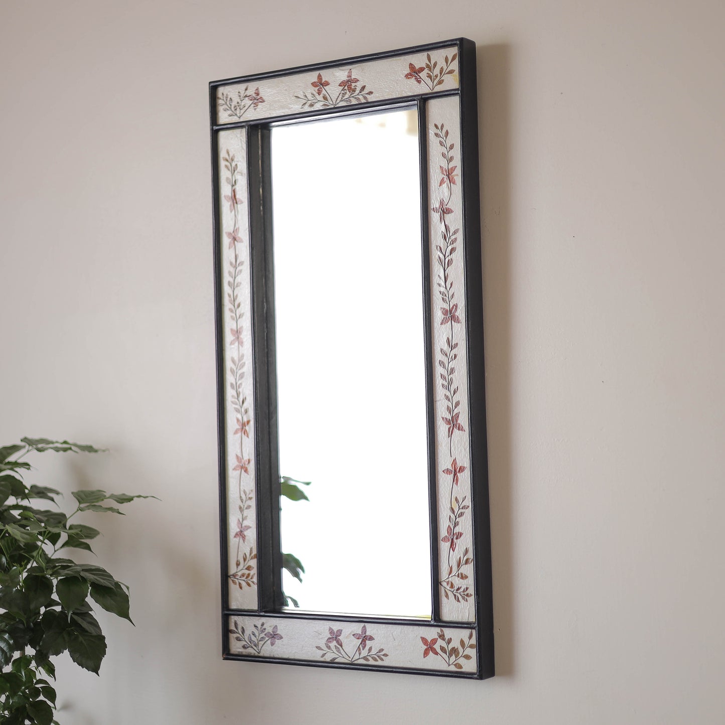 Rectangle - Natural Flower Art Work Wooden Wall Mirror (16 x 11 in)