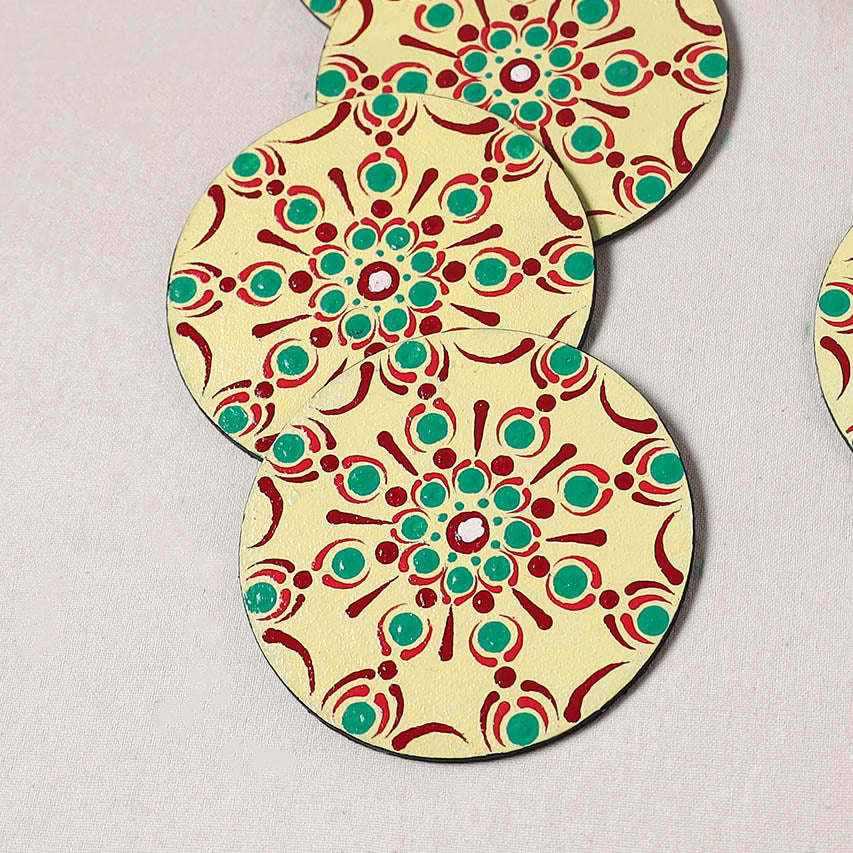 Yellow - Mandala Art Handpainted Wooden Coasters (Set of 6) 05