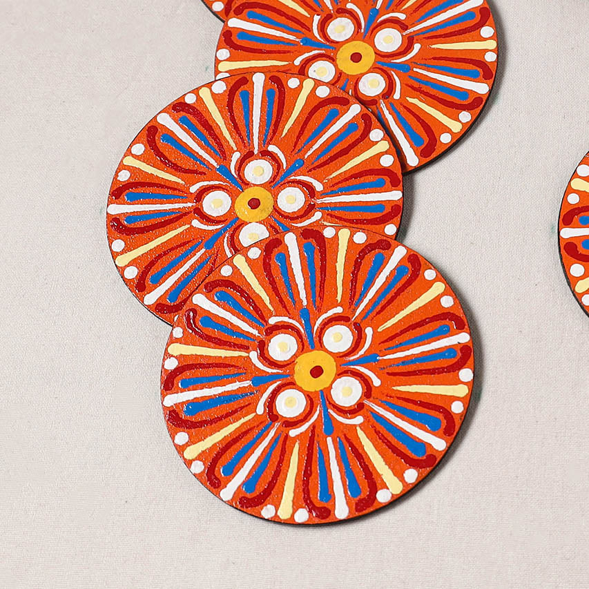 Red - Mandala Art Handpainted Wooden Coasters (Set of 6) 06
