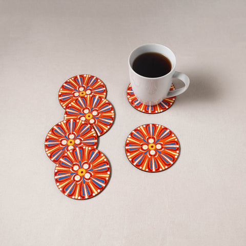 Red - Mandala Art Handpainted Wooden Coasters (Set of 6) 06