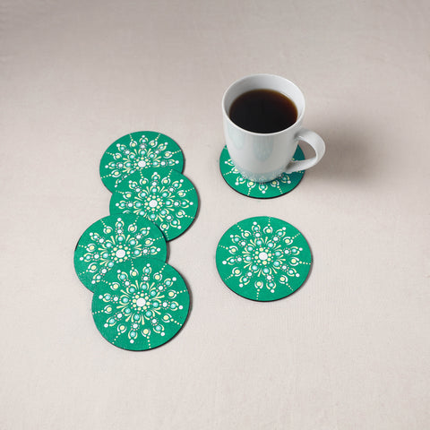 Green - Mandala Art Handpainted Wooden Coasters (Set of 6) 07