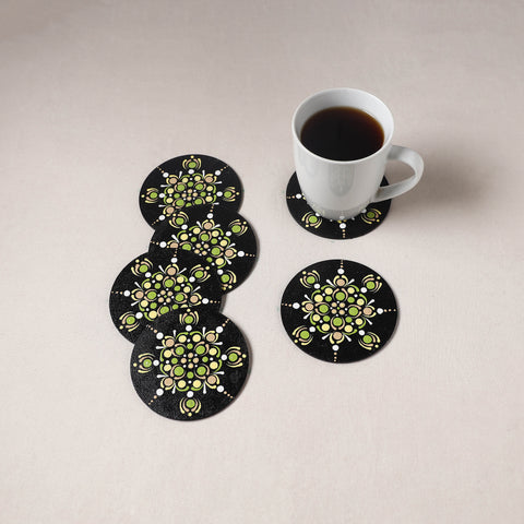 Black - Mandala Art Handpainted Wooden Coasters (Set of 6) 08
