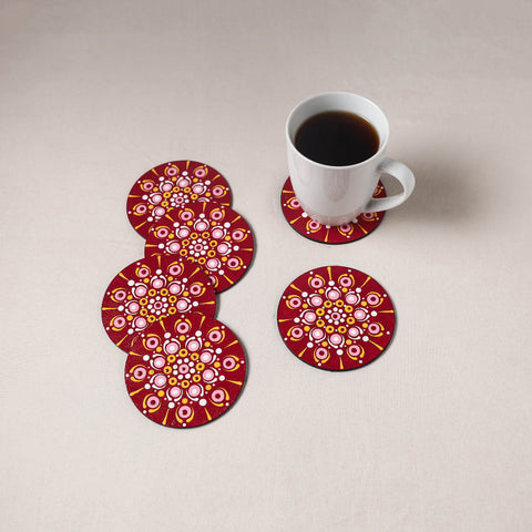 Red - Mandala Art Handpainted Wooden Coasters (Set of 6) 09
