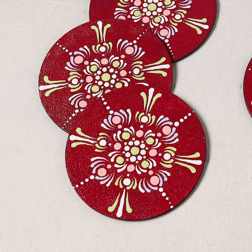 Red - Mandala Art Handpainted Wooden Coasters (Set of 6) 10