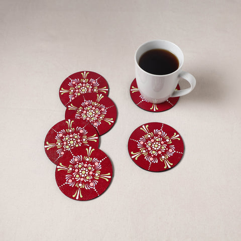 Red - Mandala Art Handpainted Wooden Coasters (Set of 6) 10