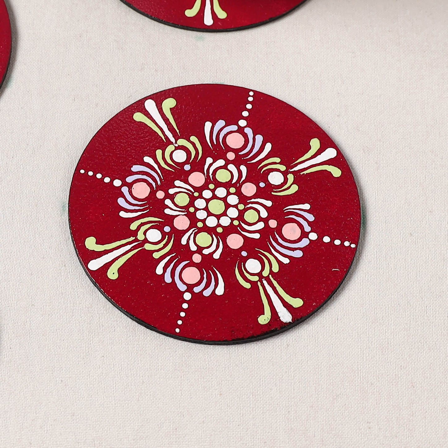 Red - Mandala Art Handpainted Wooden Coasters (Set of 6) 10