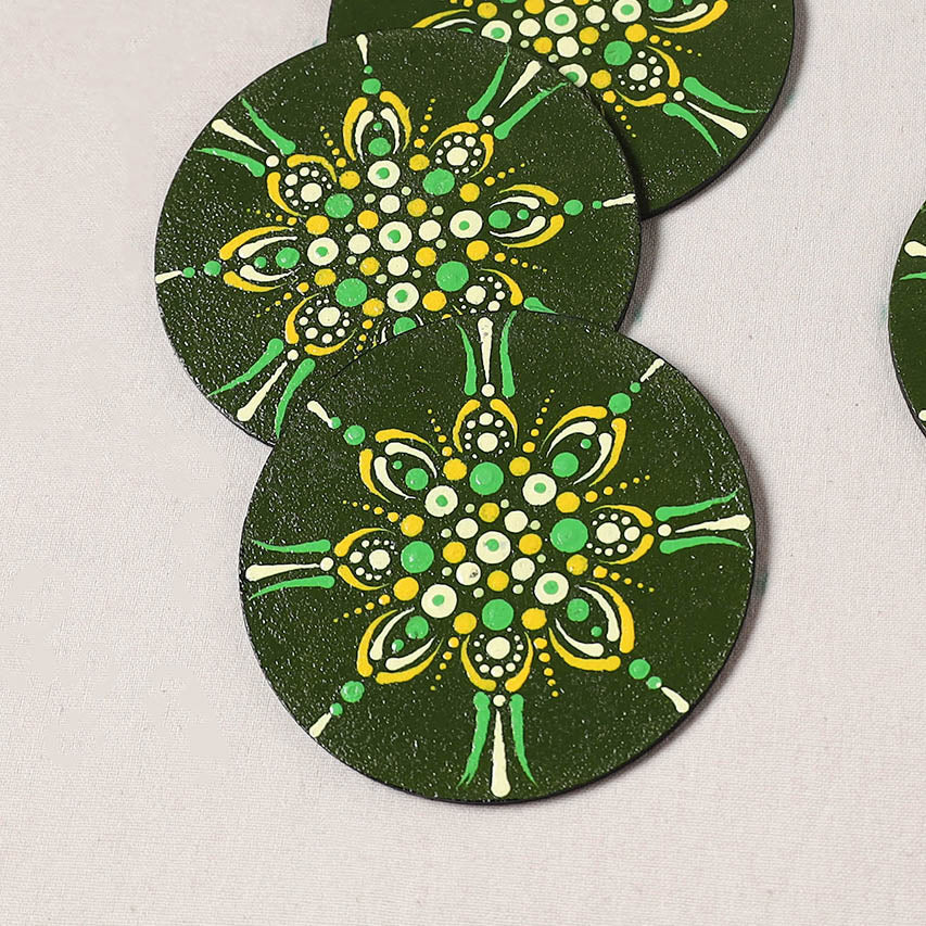 Green - Mandala Art Handpainted Wooden Coasters (Set of 6) 11