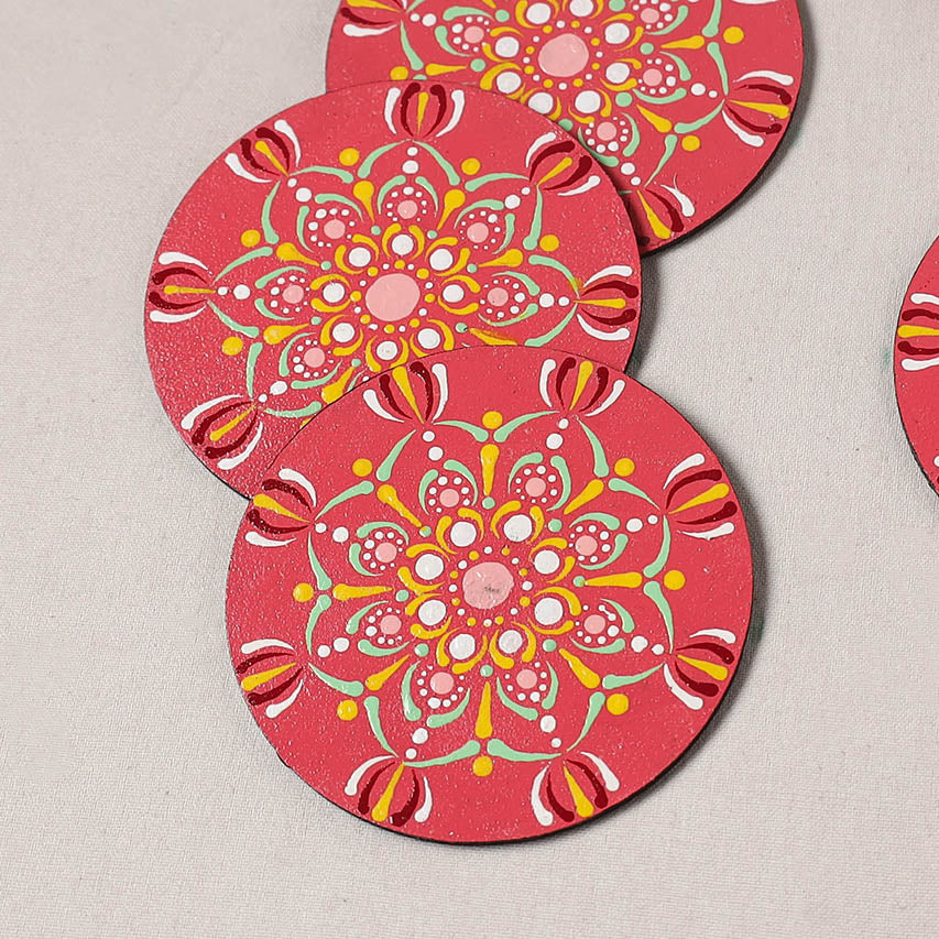 Red - Mandala Art Handpainted Wooden Coasters (Set of 6) 12
