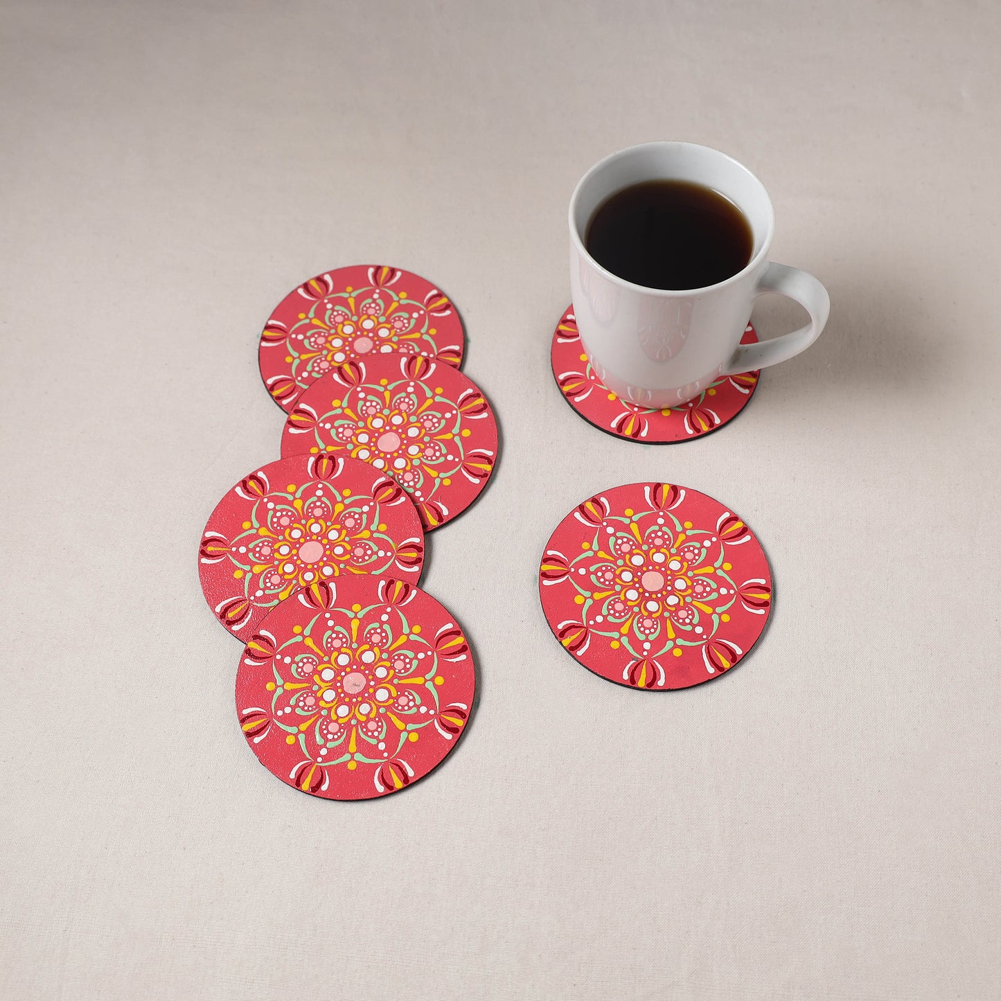 Red - Mandala Art Handpainted Wooden Coasters (Set of 6) 12