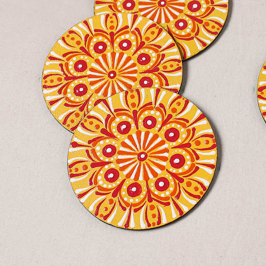 Yellow - Mandala Art Handpainted Wooden Coasters (Set of 6) 13