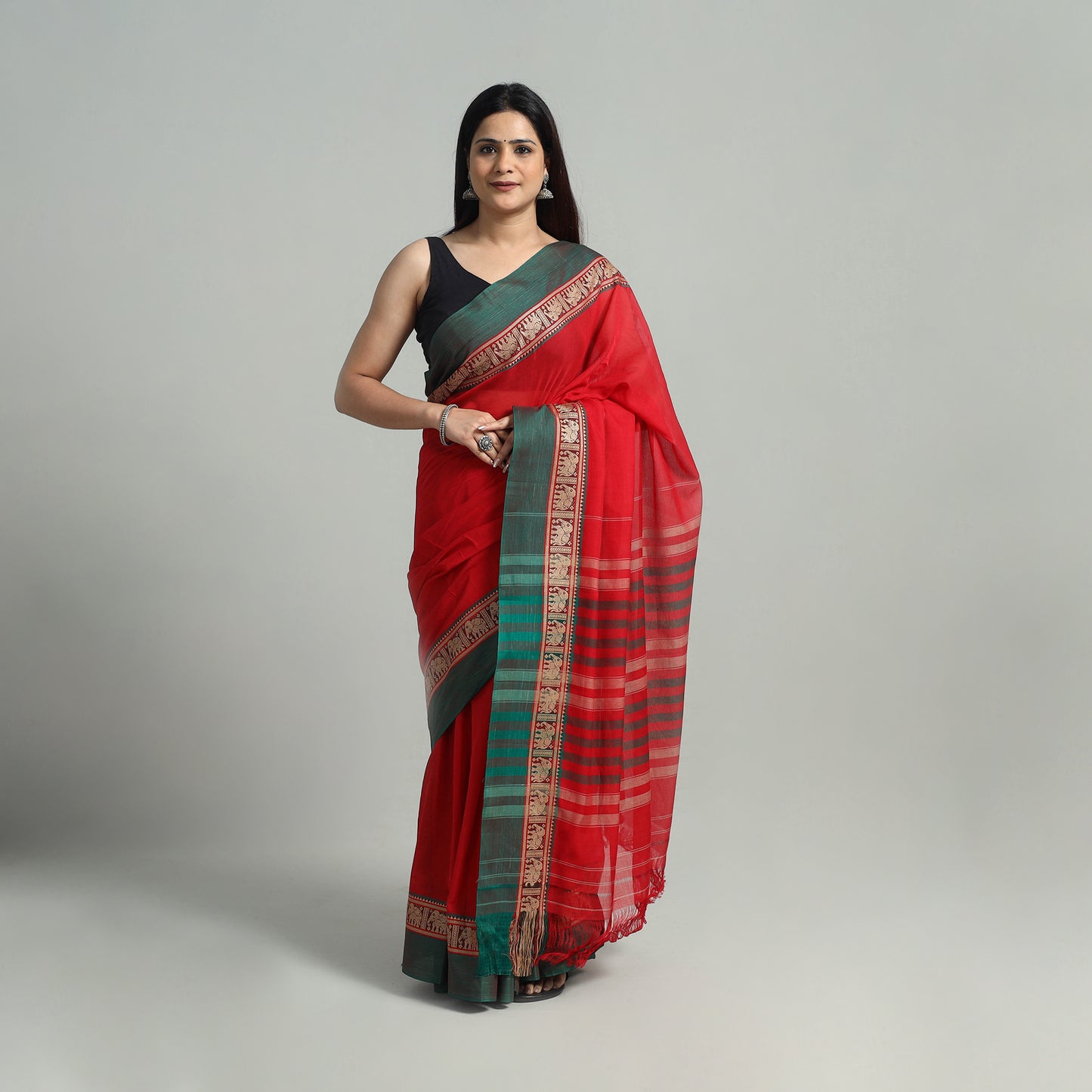 Red - Mercerised Cotton Thread Border Dharwad Saree 08