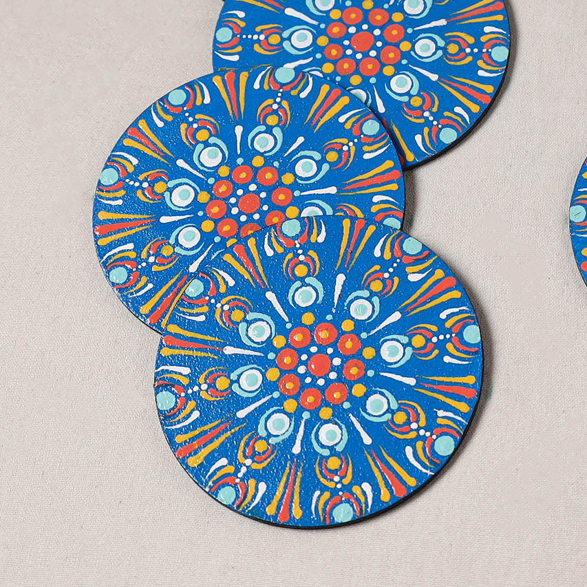 Blue - Mandala Art Handpainted Wooden Coasters (Set of 6) 14