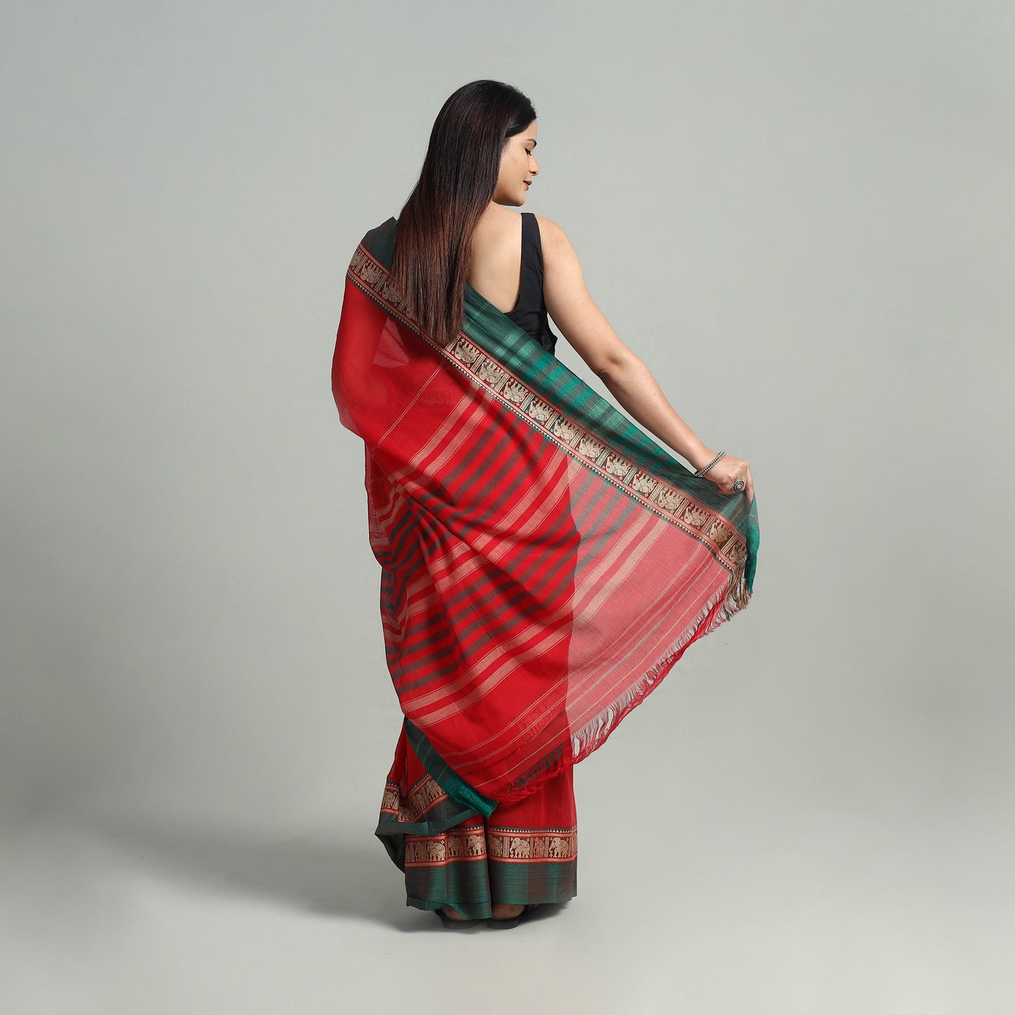 Red - Mercerised Cotton Thread Border Dharwad Saree 08