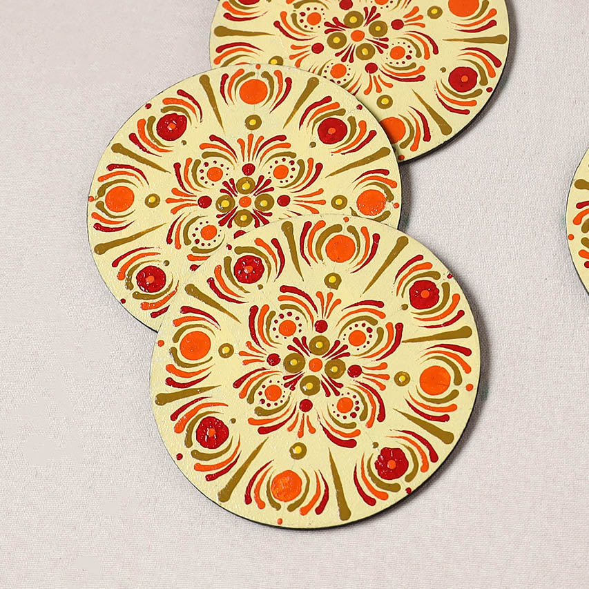 Yellow - Mandala Art Handpainted Wooden Coasters (Set of 6) 15