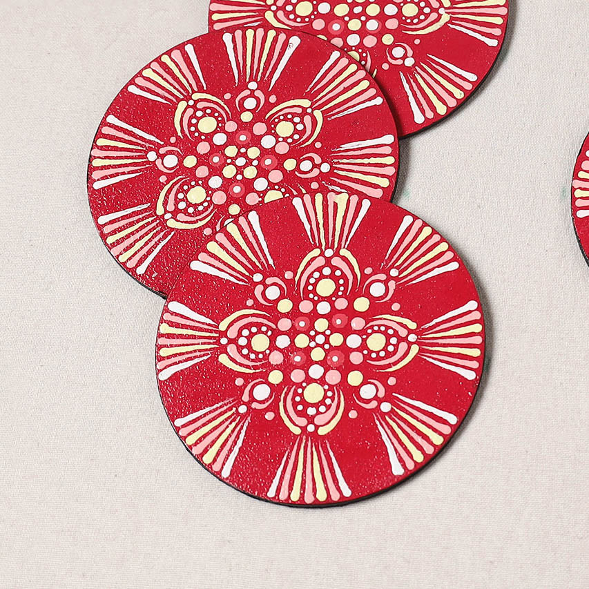 Red - Mandala Art Handpainted Wooden Coasters (Set of 6) 17