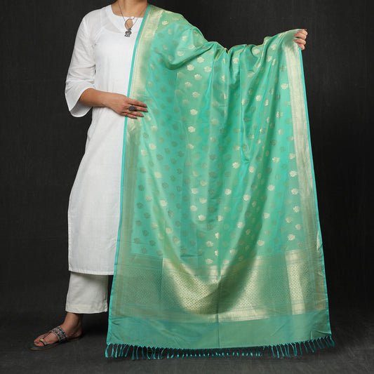 Green - Banarasi Handloom Katan Silk Zari Buti Dupatta with Tassels