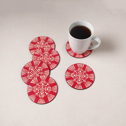 Red - Mandala Art Handpainted Wooden Coasters (Set of 6) 17