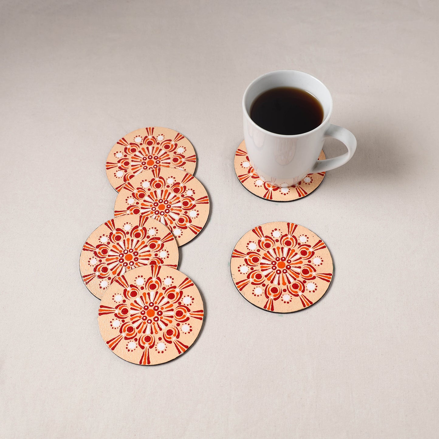 Peach - Mandala Art Handpainted Wooden Coasters (Set of 6) 18