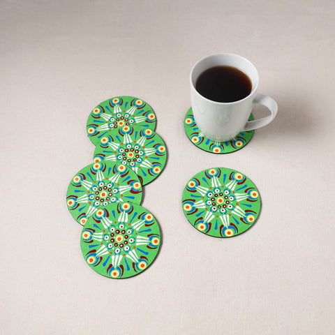 Green - Mandala Art Handpainted Wooden Coasters (Set of 6) 19