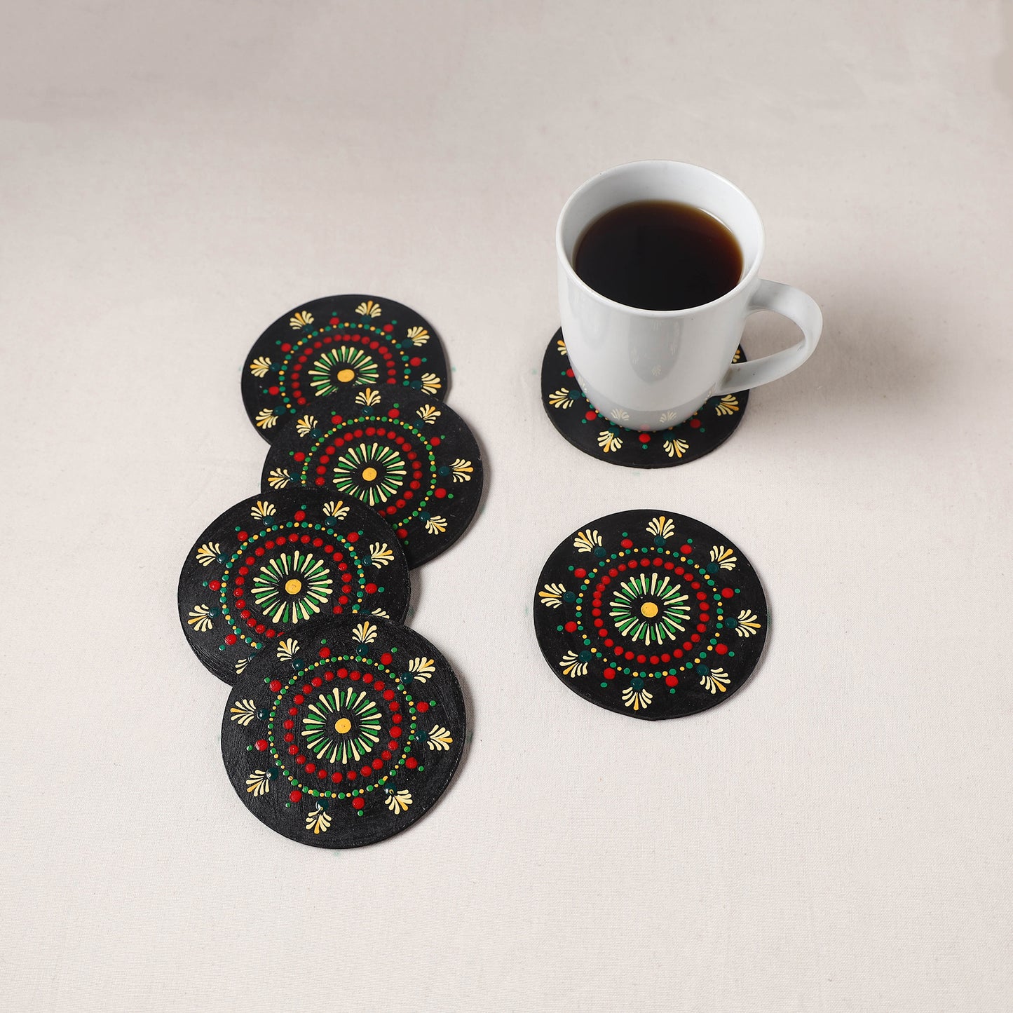 Red - Handpainted Mandala Art Wooden Coasters (Set of 6) 01