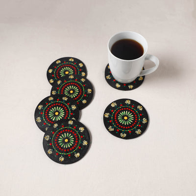 Red - Handpainted Mandala Art Wooden Coasters (Set of 6) 01