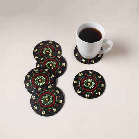 Red - Handpainted Mandala Art Wooden Coasters (Set of 6) 01
