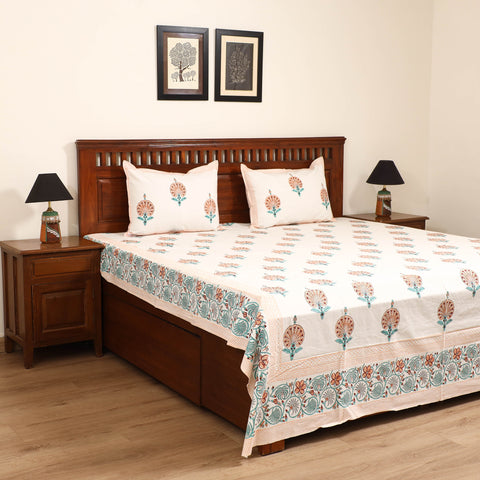 White - Sanganeri Hand Block Print Cotton Double Bedsheet Set (108 x 90 in) 06
