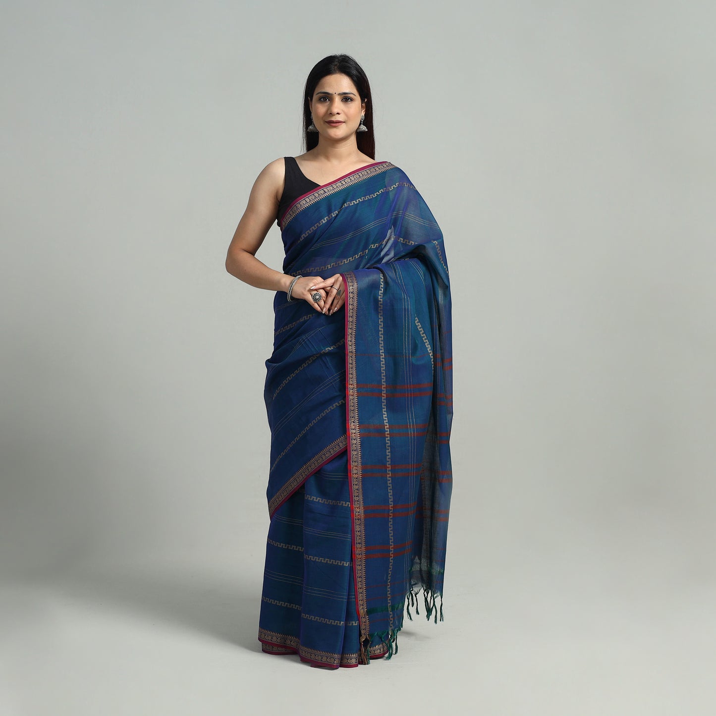 Blue - Mercerised Cotton Thread Border Dharwad Saree 11