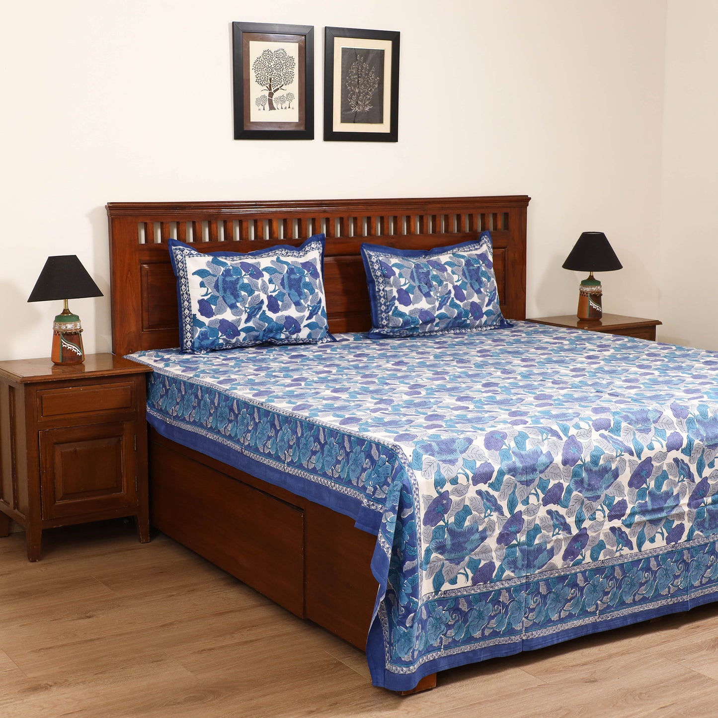 Sanganeri Hand Block Print Cotton Double Bedsheet Set (108 x 90 in) 07