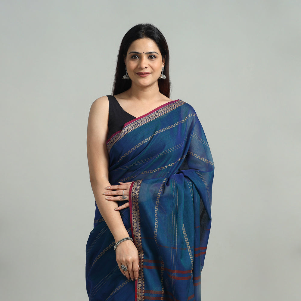 Blue - Mercerised Cotton Thread Border Dharwad Saree 11