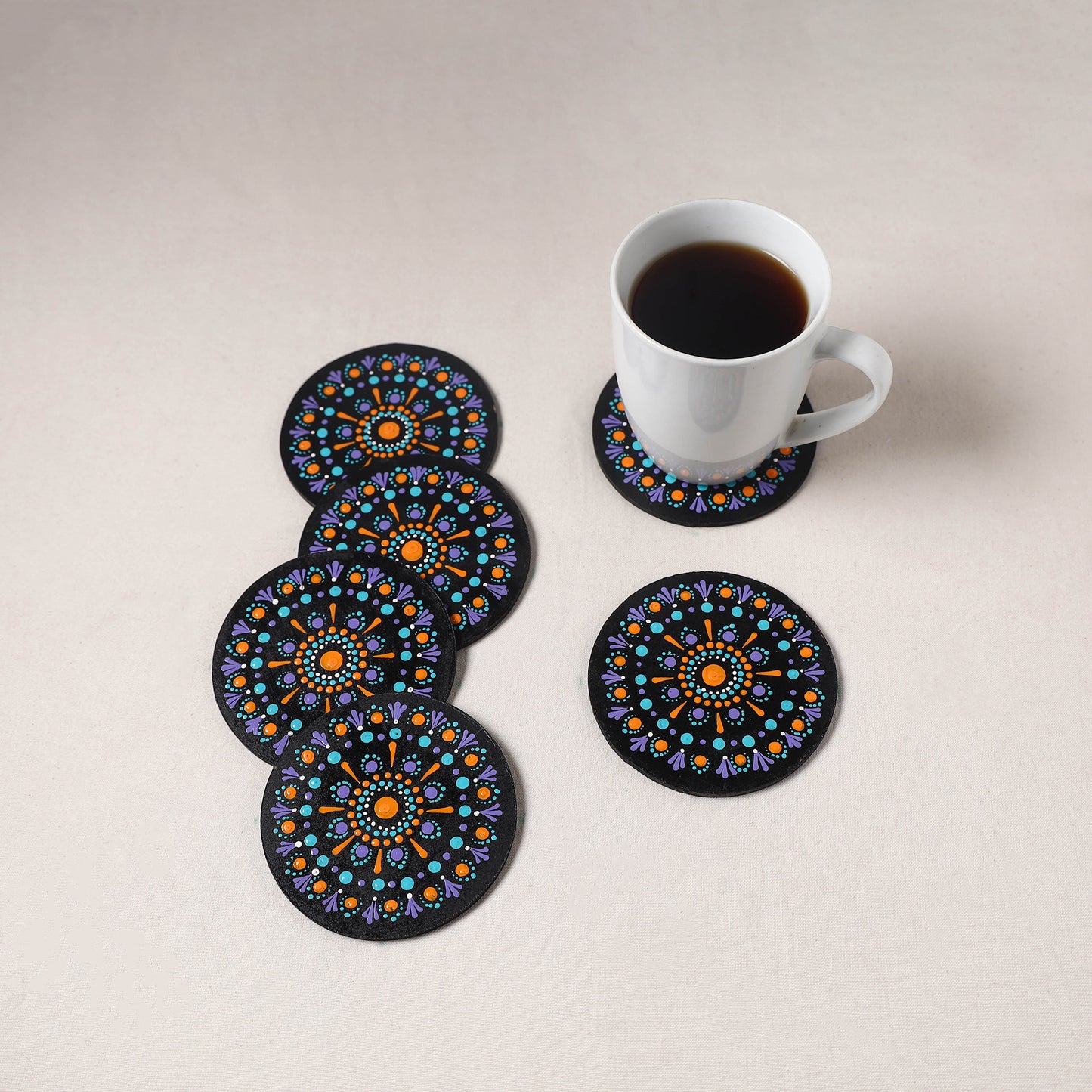 Purple - Handpainted Mandala Art Wooden Coasters (Set of 6) 04