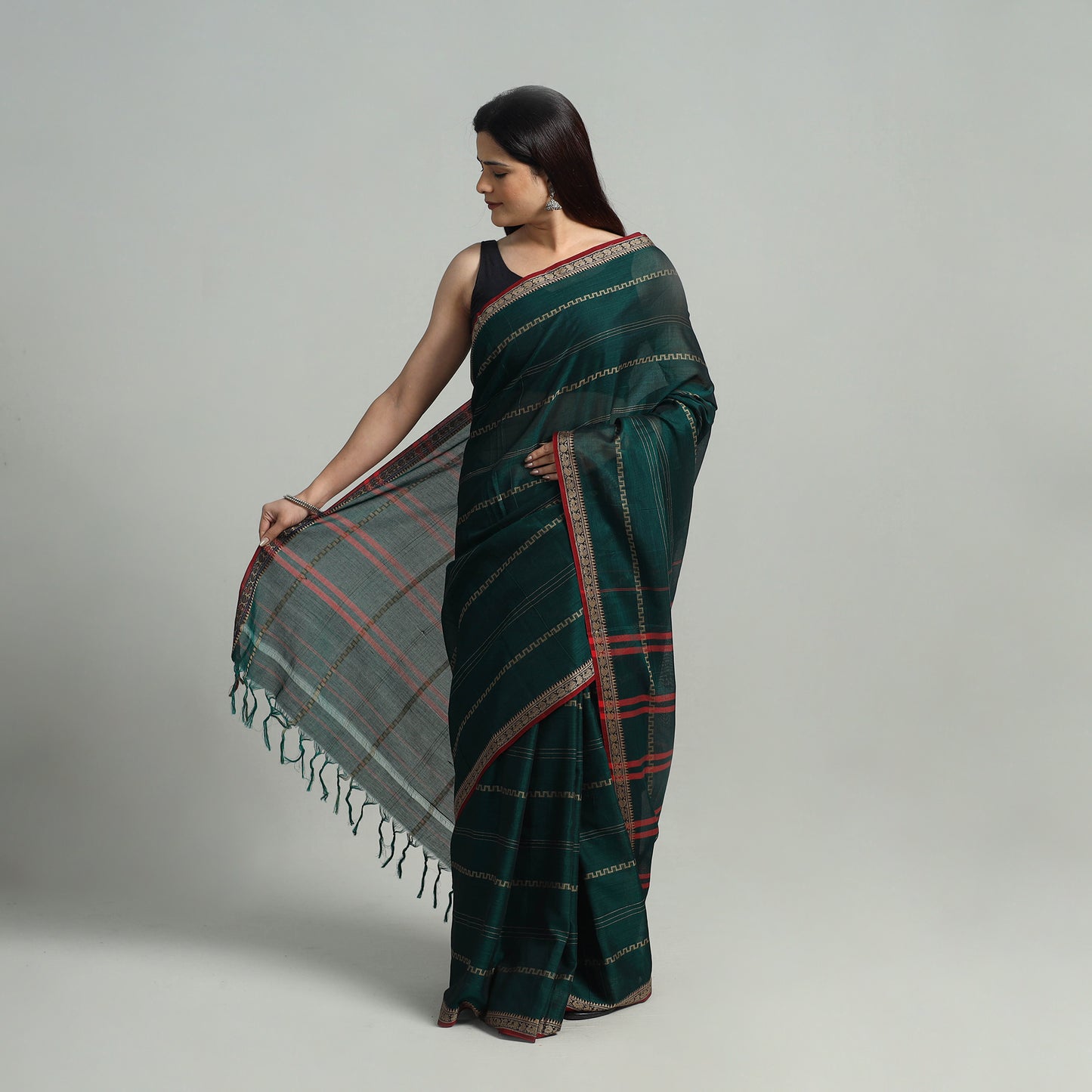 Green - Mercerised Cotton Thread Border Dharwad Saree 12