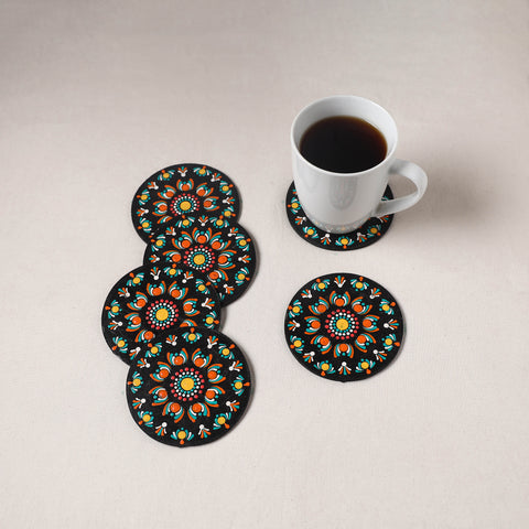 Red - Handpainted Mandala Art Wooden Coasters (Set of 6) 06