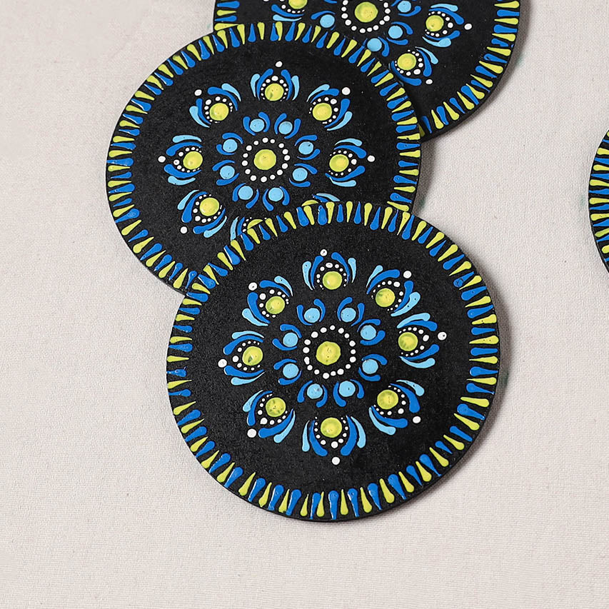 Blue - Handpainted Mandala Art Wooden Coasters (Set of 6) 07
