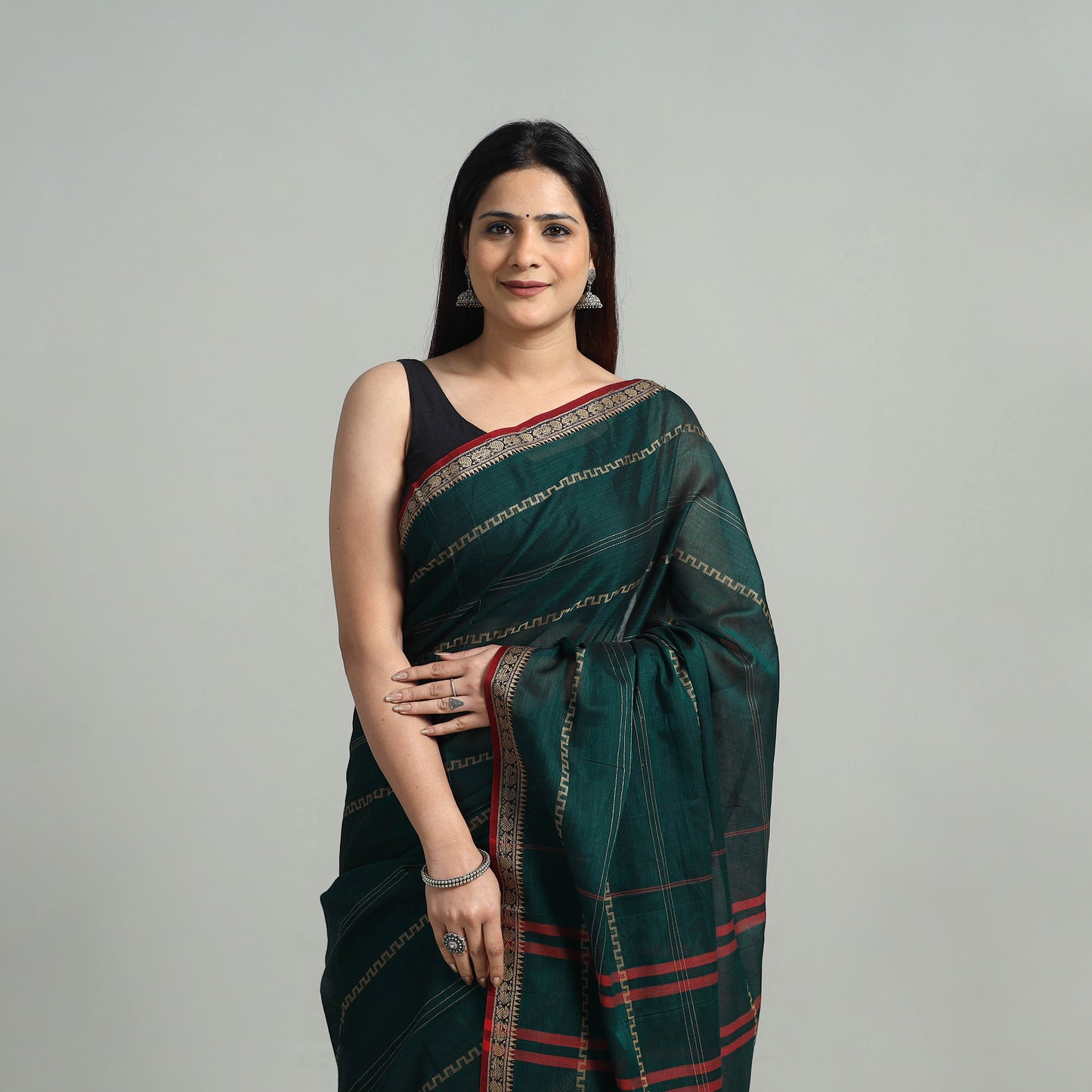 Green - Mercerised Cotton Thread Border Dharwad Saree 12