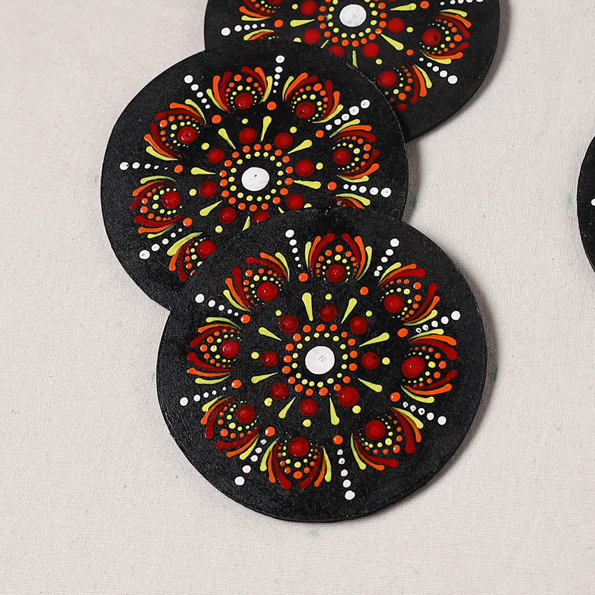 Red - Handpainted Mandala Art Wooden Coasters (Set of 6) 09