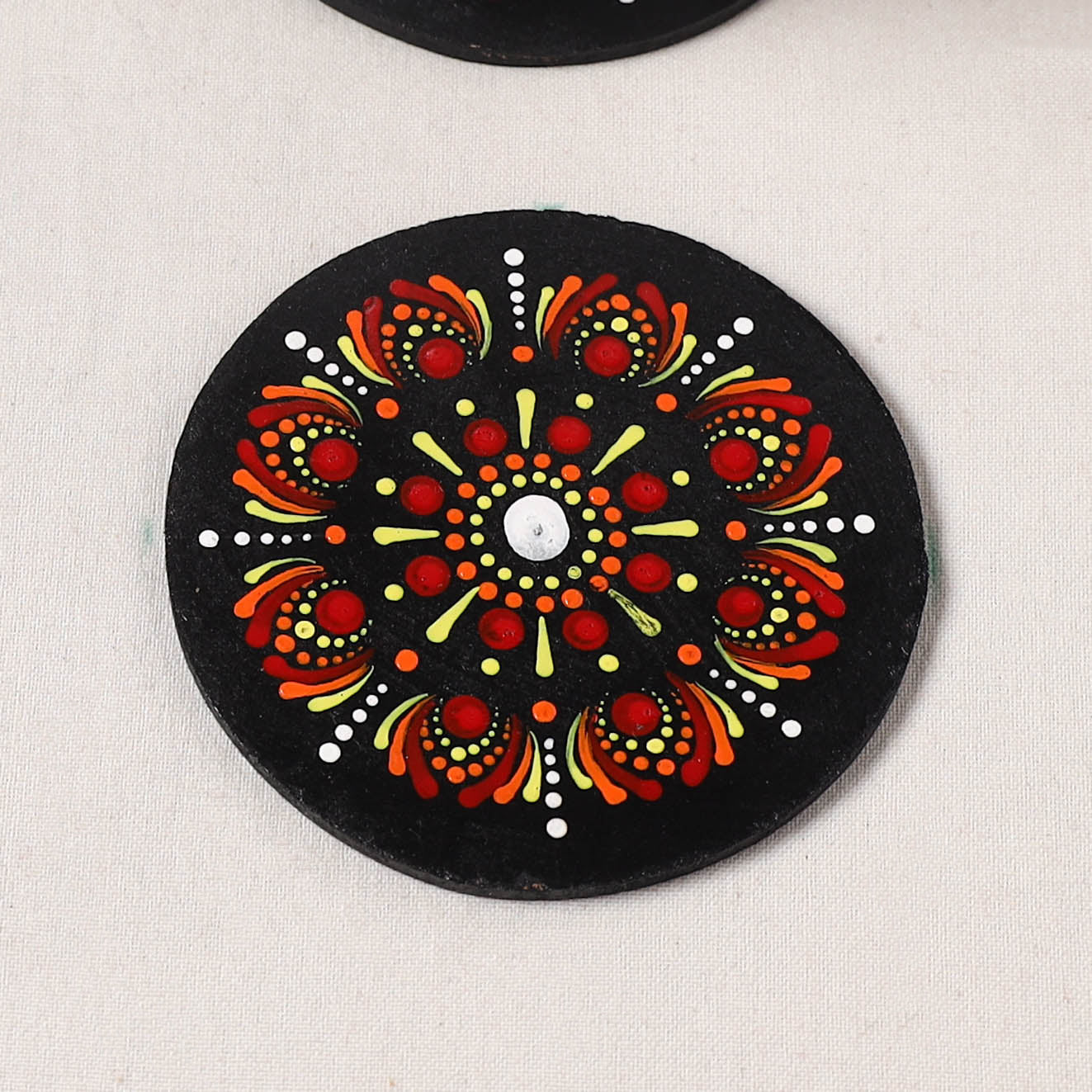 Red - Handpainted Mandala Art Wooden Coasters (Set of 6) 09