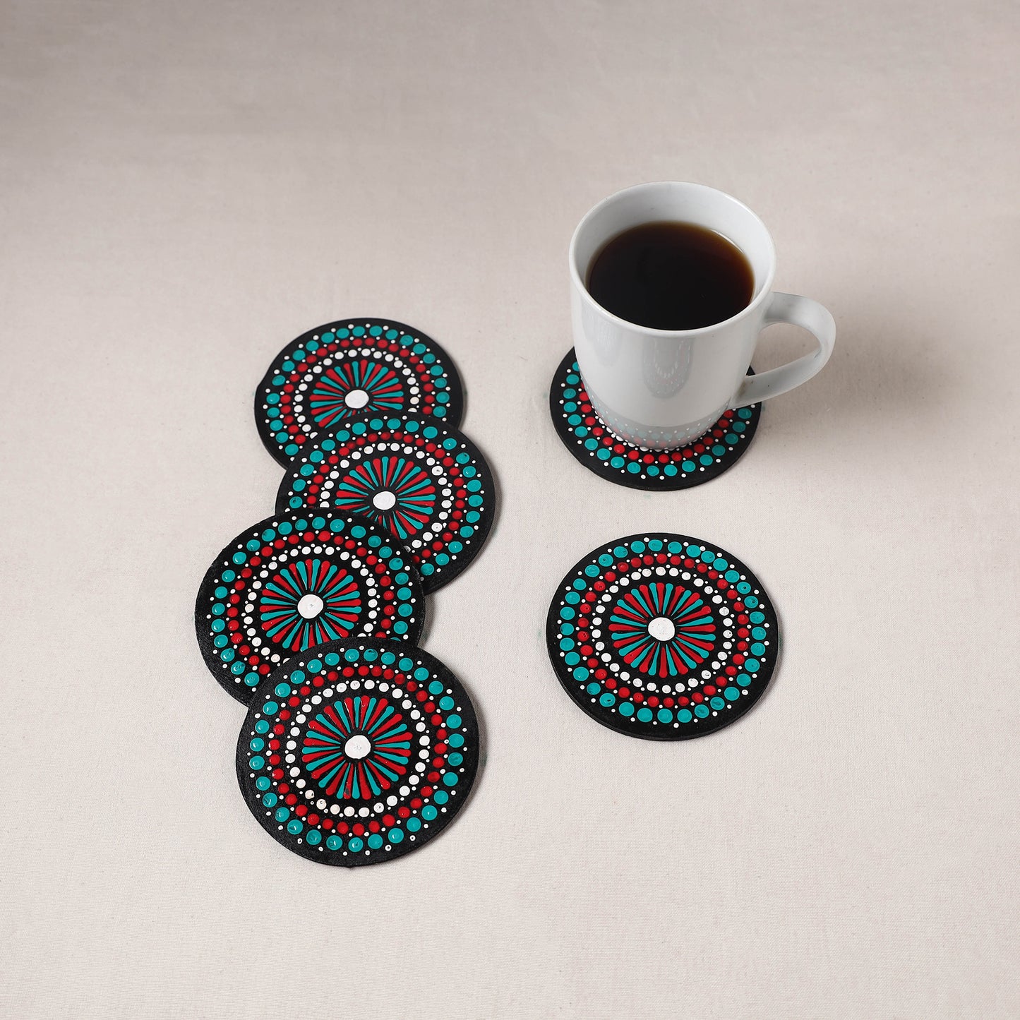 Green - Handpainted Mandala Art Wooden Coasters (Set of 6) 10