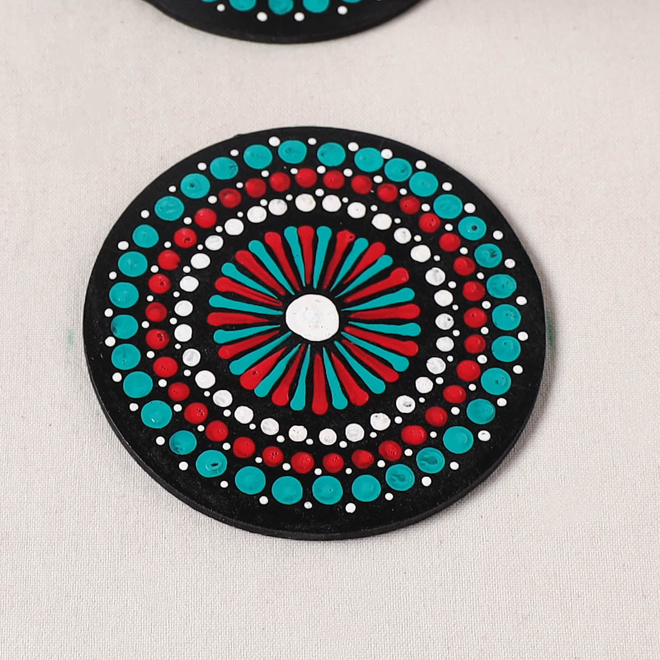 Green - Handpainted Mandala Art Wooden Coasters (Set of 6) 10
