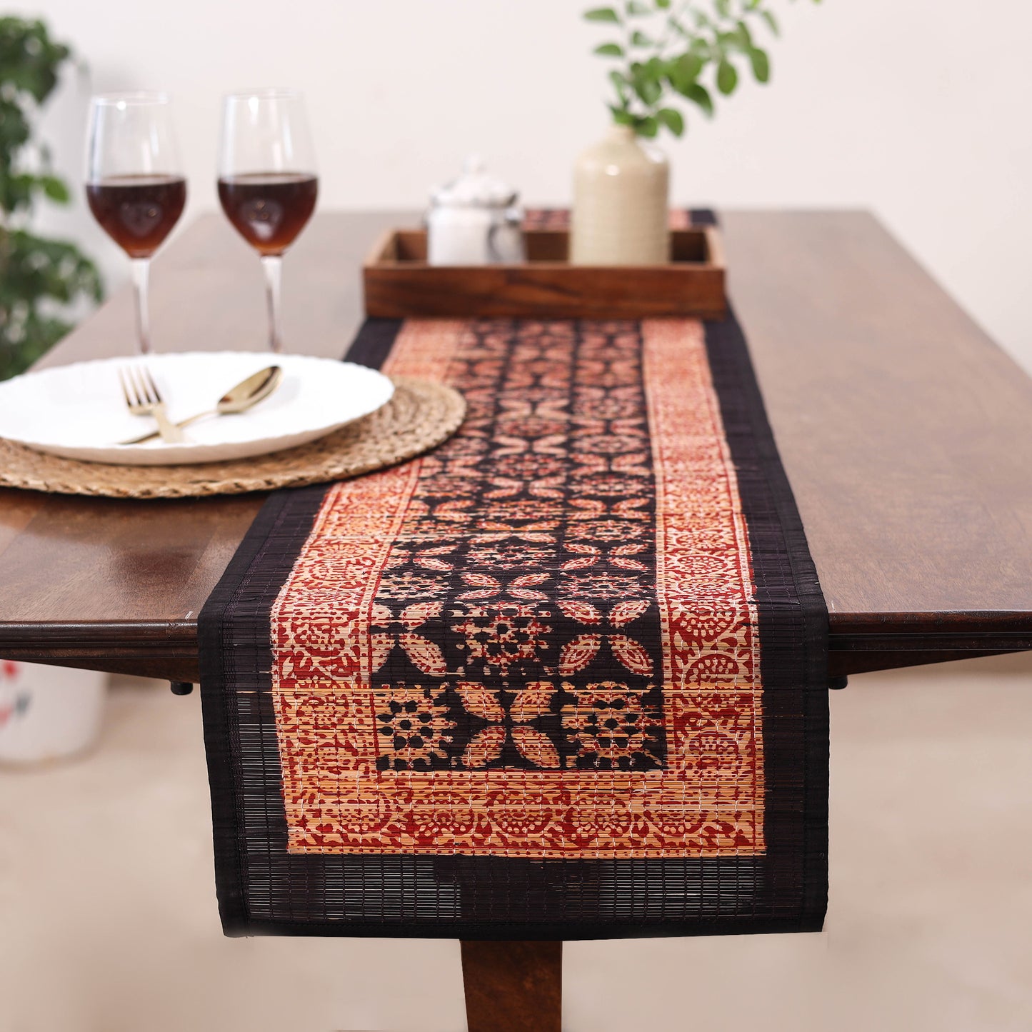 Black Natural Bamboo Bagh Block Printed Dining Table Runner