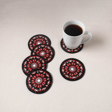 Red - Handpainted Mandala Art Wooden Coasters (Set of 6) 11