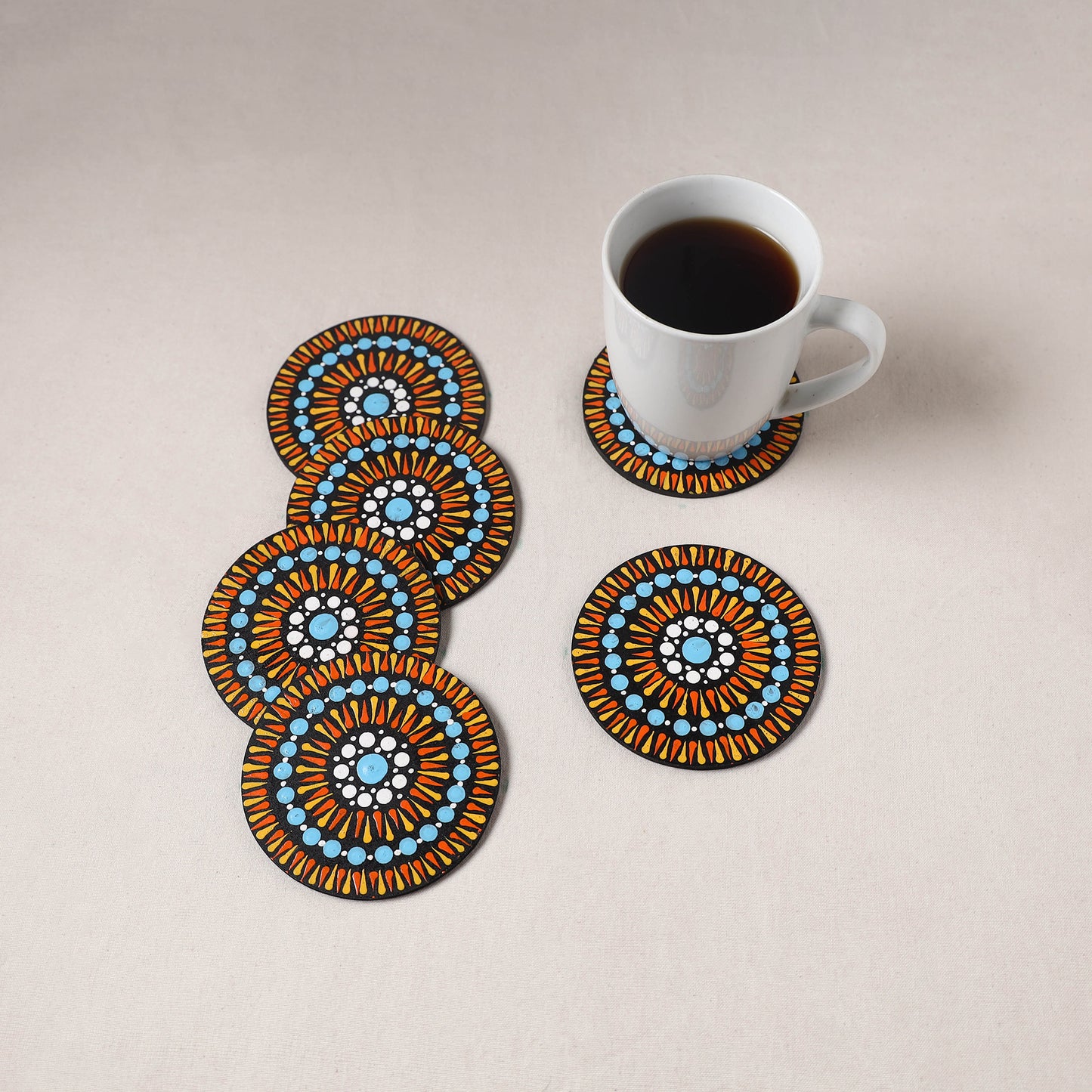 Multicolor - Handpainted Mandala Art Wooden Coasters (Set of 6) 12