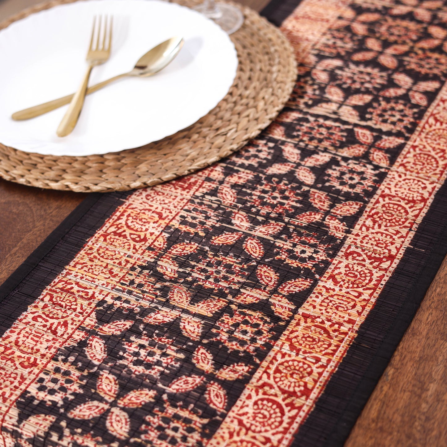 Black Natural Bamboo Bagh Block Printed Dining Table Runner